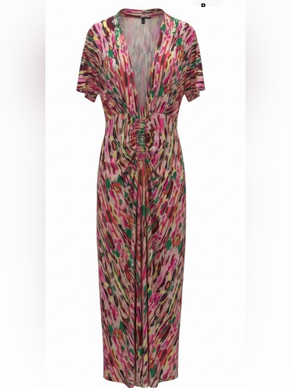 SHEIN Pink Multicolor V-Neck Ruched Waist Maxi Dress